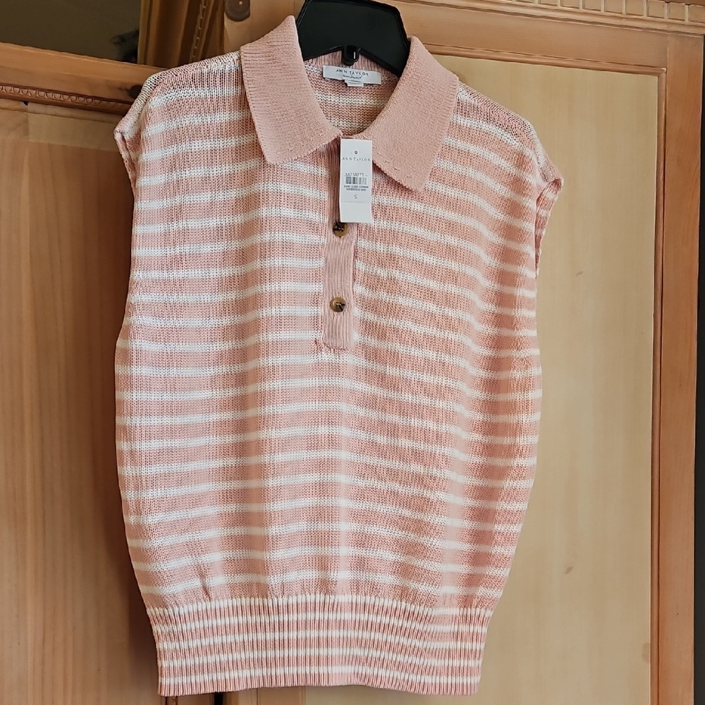 Ann Taylor Pink and White Striped Sweater Vest